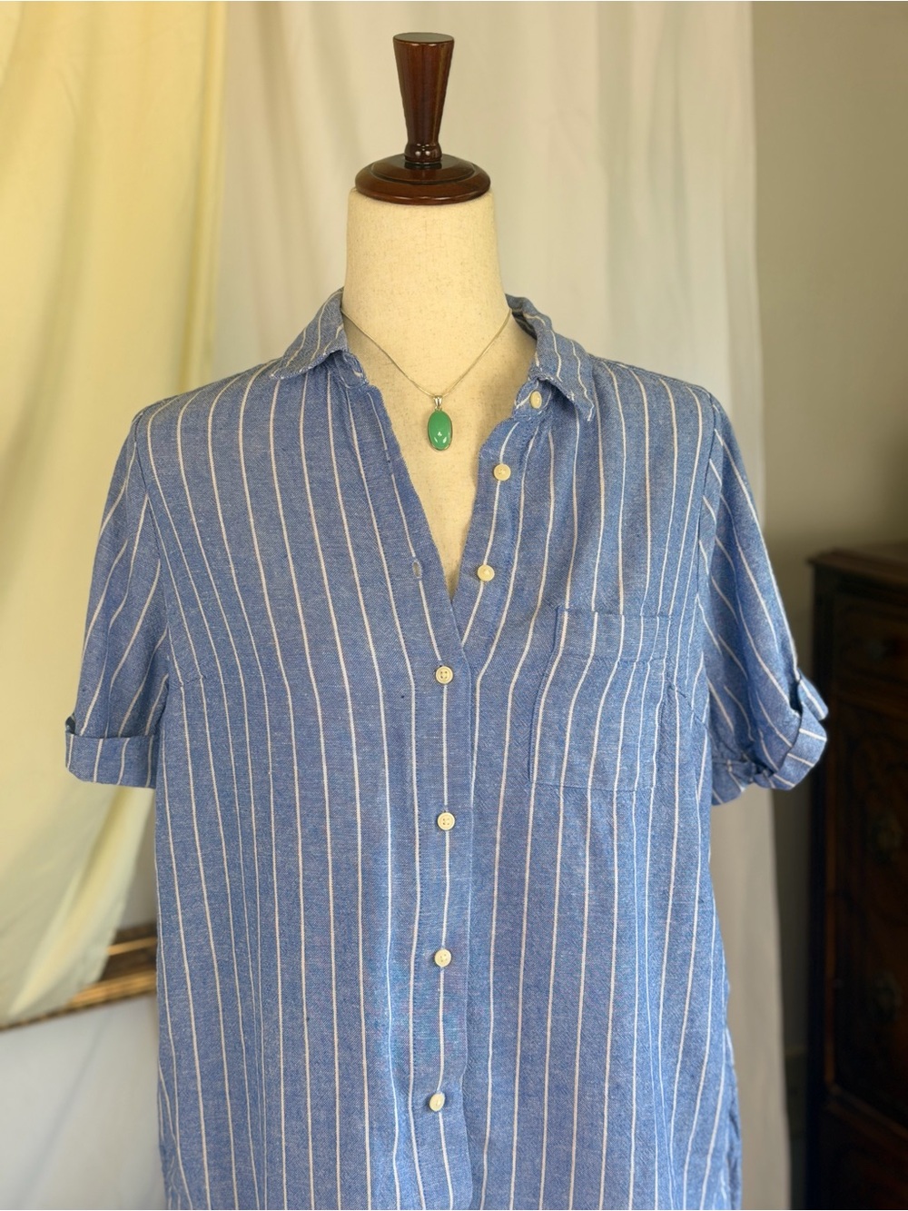 Linen Blue Striped Short-Sleeve Button-Down Shirt Dress Old Nave S - Picture 2 of 5